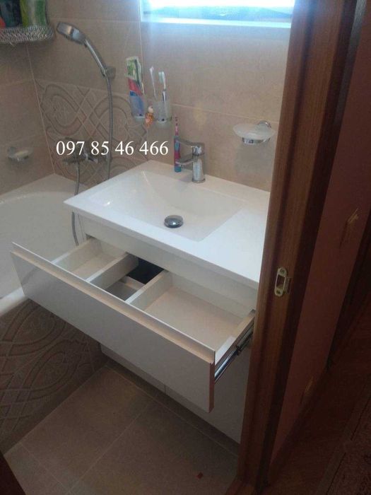 Умивальник суцільний і стільниця над пральною машиною + тумба дзеркало