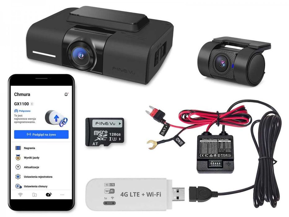 FineVu GX1100 z kartą pamięci 128 GB + zestaw LTE PRO (modem LTE i zasilacz modemu z ochroną akumulatora pojazdu)