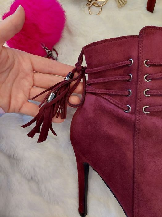 Piękne bordowe botki 38 zamsz lekko ocieplane szpilka