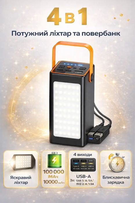 Аварійний павербанк 2в1 з LED-лампою | заряджає до 4 пристроїв