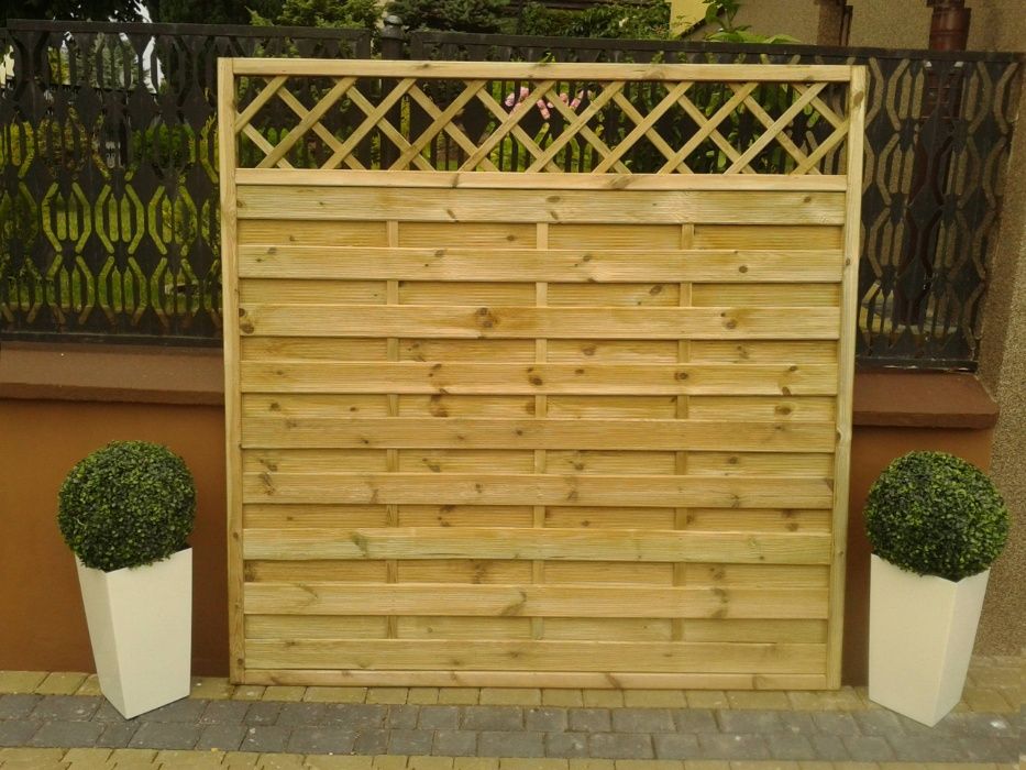 Płoty Pergole Płot Drewniany Ryflowany Prosty z Kratką 180x180 cm