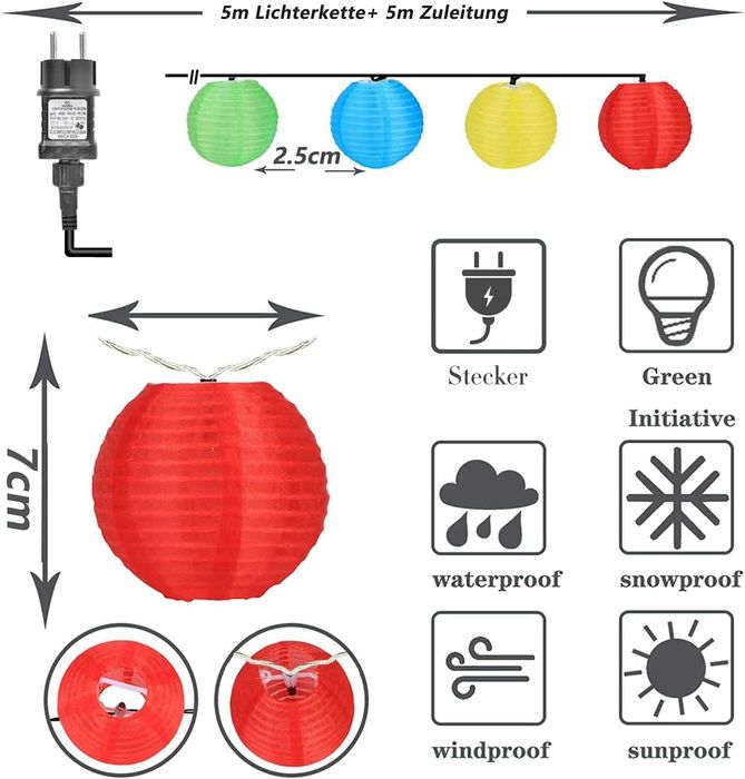 Łańcuch świetlny z lampionami/laternami, dekoracja do ogrodu na prąd