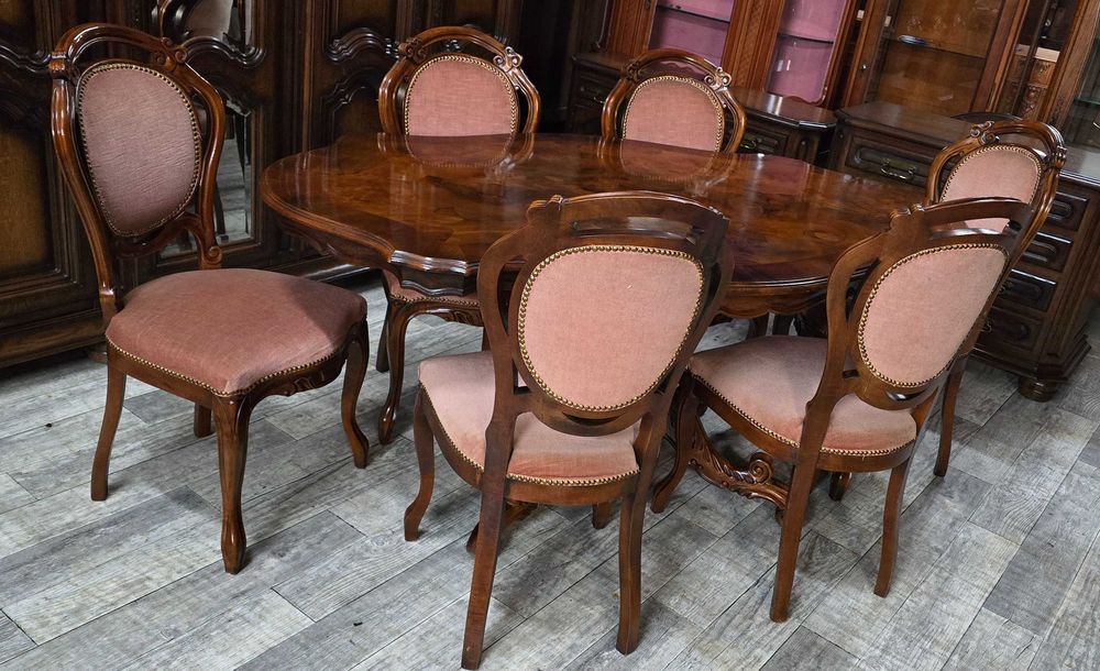 Unikatowy Orzechowy / Barokowy Stół + 6 Krzeseł /