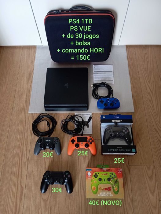 PS4 1TB PS VUE, + de 30 jogos, comando HORI, bolsa de arrumação e transporte