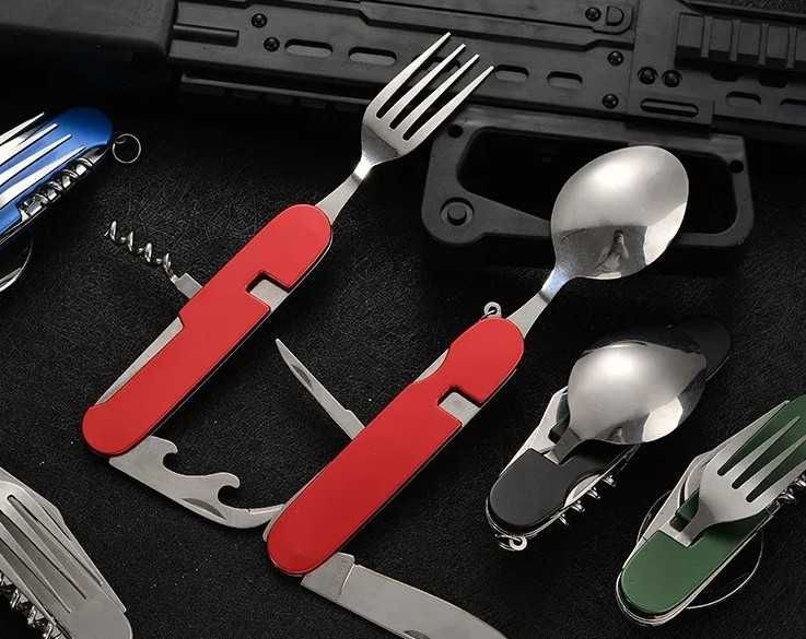 Kit Bolso Dobrável colher, garfo, faça, saca-rolhas 4 em 1
