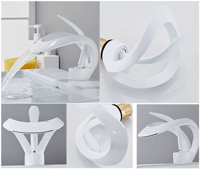 Bateria umywalkowa BIAŁA Nowoczesny kran łazienkowy nablatowy wodospad