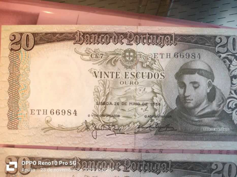 3 Notas de 20 Escudos 1954 – Novas UNC – Série Próxima