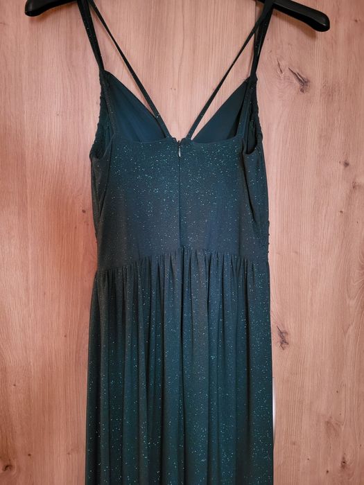 Sukienka maxi butelkowa zieleń, na ramiączkach, lejący materiał S/M 38