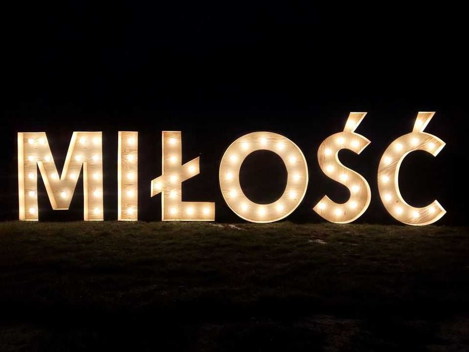 Napis MIŁOŚĆ, LOVE, naturalne drewno, wesele
