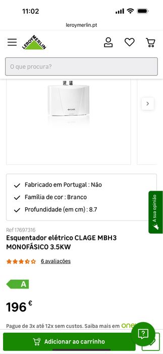 Esquentador elétrico CLAGE MBH3 MONOFÁSICO 3.5KW