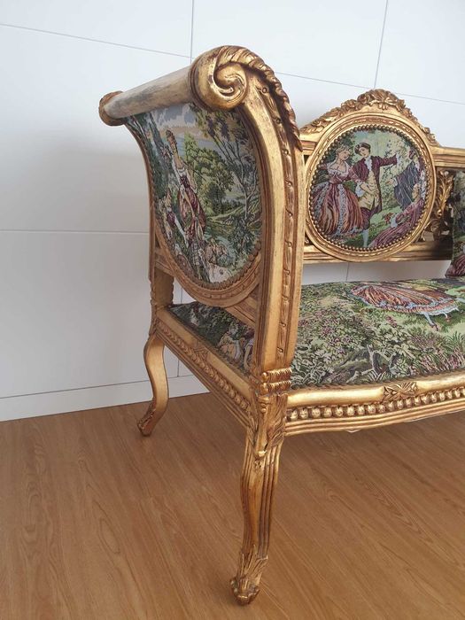 Canapé Antigo Luis XV I Folha de Ouro e Tecido Gobelin RESTAURADO