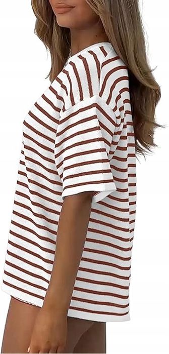Damski dres dwuczęściowy, wiskozowy, w paski, XL, biało-brązowy