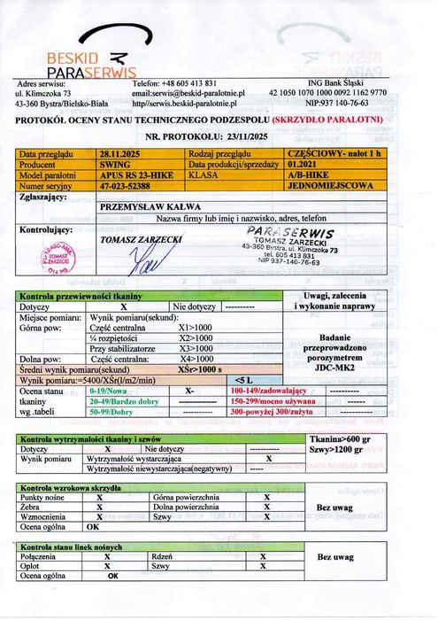 Paralotnia SWING APUS RS 23 HIKE klasa A/B