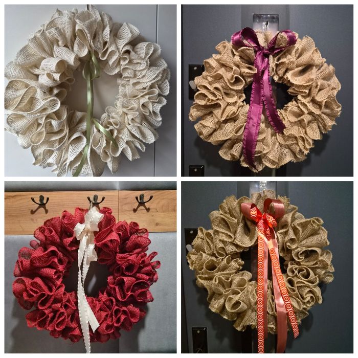 Rustykalny, jesienny wieniec na drzwi z juty, z wstążką, handmade