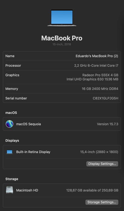 MacbookPRO 15 2018. Core i7 Hexa Core, 16Gb Ram, Ssd 256Gb, Radeon 4GB