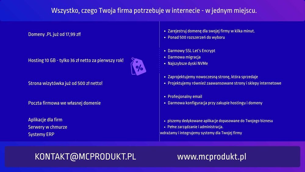 Strona www, Hosting, Domena, Serwer w Chmurze, Aplikacja Webowa/Moblina/Desktopowa