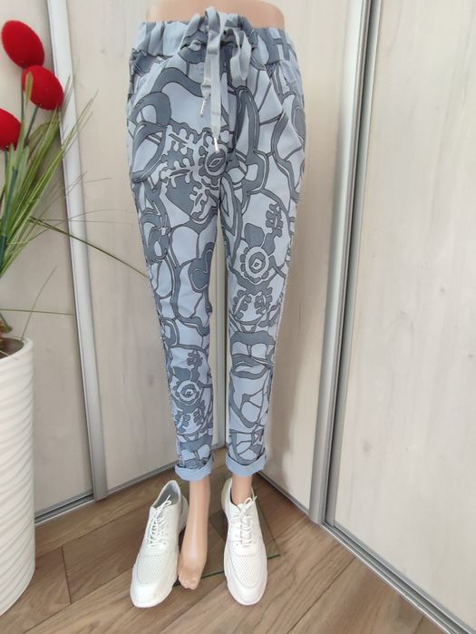 Spodnie damskie, elastyczne , szaro- grafitowe , ozdobny lampas ,