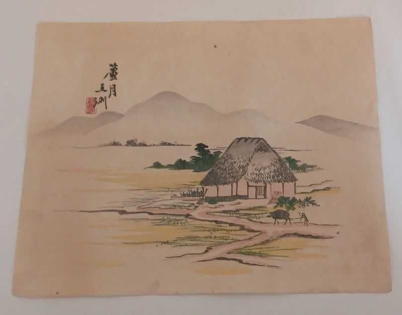 Xilogravura japonesa original de Yoshimi Rogetsu  Paisagem rural Período Meiji (1867–1912)