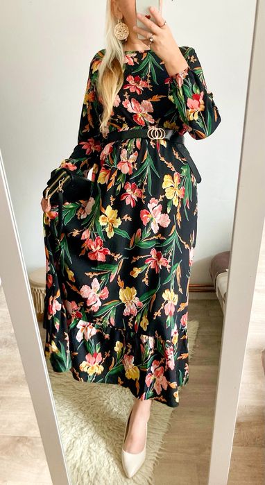 Sukienka Damska w czarna kwiaty długa imprezowa L