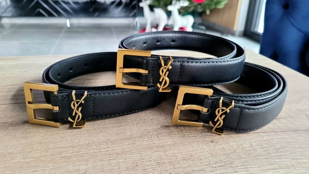 Skórzany Pasek Damski YSL Yves Saint Laurent czarny złoty