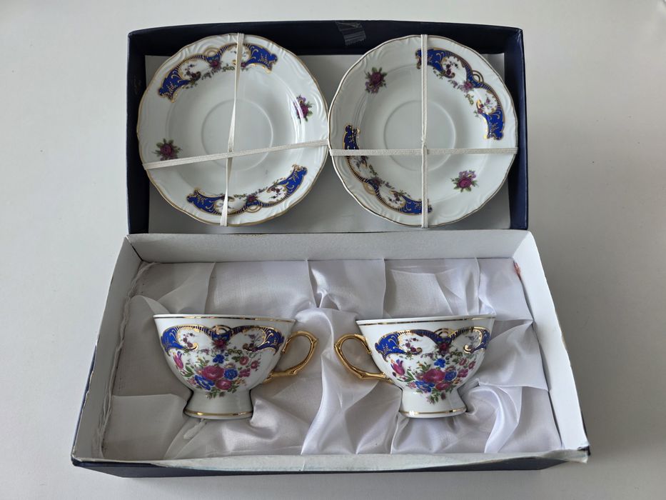 Conjunto 2 chávenas de chá porcelana em caixa estilo romântico