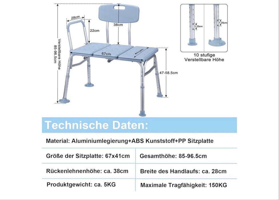 Cadeira de banho ajustável - 150KG