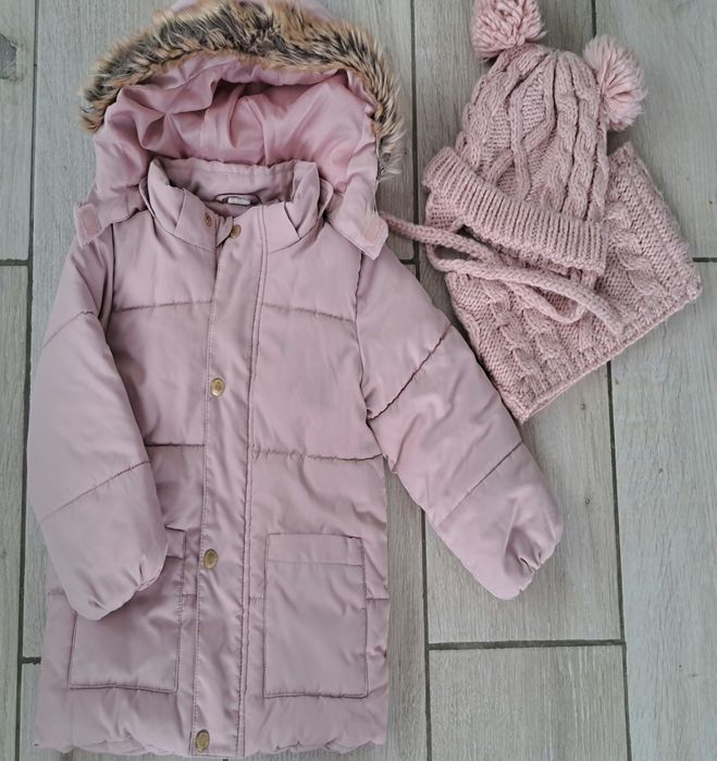 Kurtka zimowa H&M 86 pudrowy róż z czapką i kominem