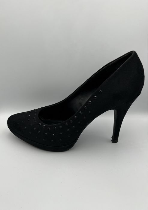 Czarne półbuty damskie na obcasie z kryształkami