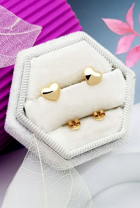 Złoty komplet  łańcuszek + kolczyki, serce, gładkie, delikatne pr 585