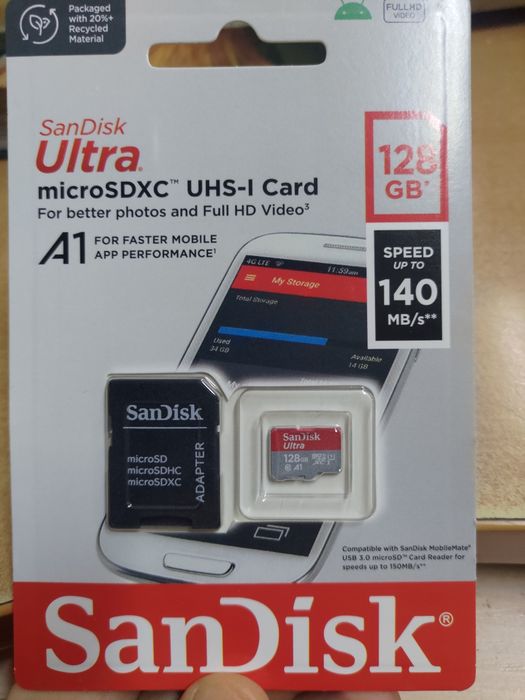 Карта пам'яті SanDisk Ultra - 128GB - microSD,Class 10 (Оригінал) 20шт