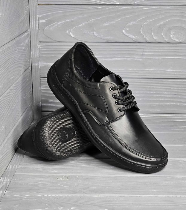 39-47р! Кожаные мужские черные прошитые туфли без шнурка / на шнурке!!