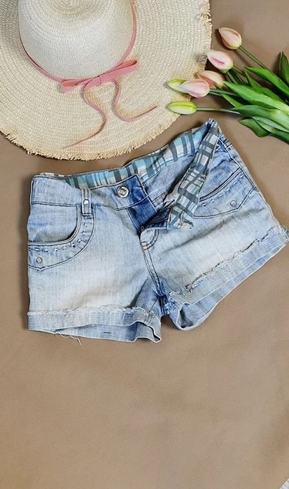 Krótkie Spodenki Szorty Jeansowe Dżinsowe Krata Odwijane Nogawki Boho