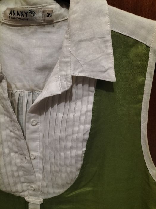 Vestido M de linho verde e branco