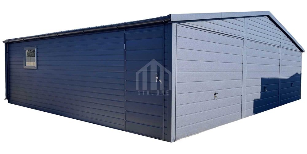 Garaż blaszany 9x5m - 3x brama, okno drzwi antracyt rynna SO144