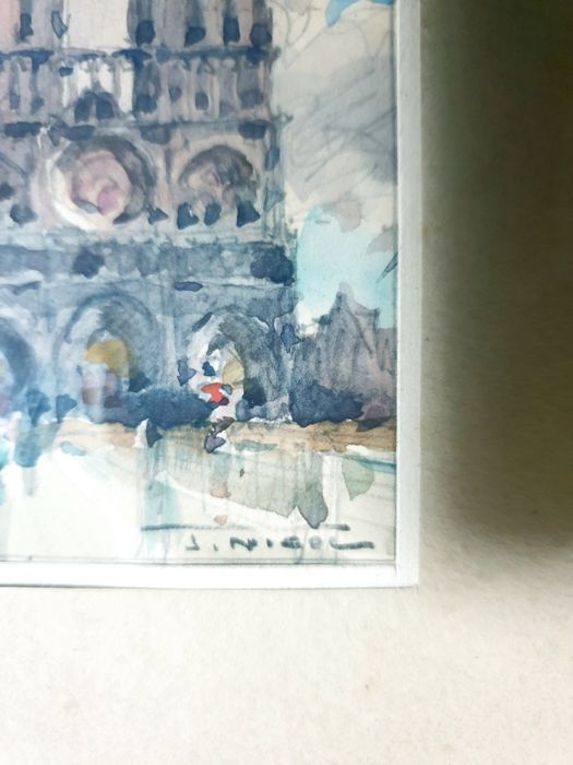 Pequena antiga aquarela assinada - Catedral de Notre Dame
