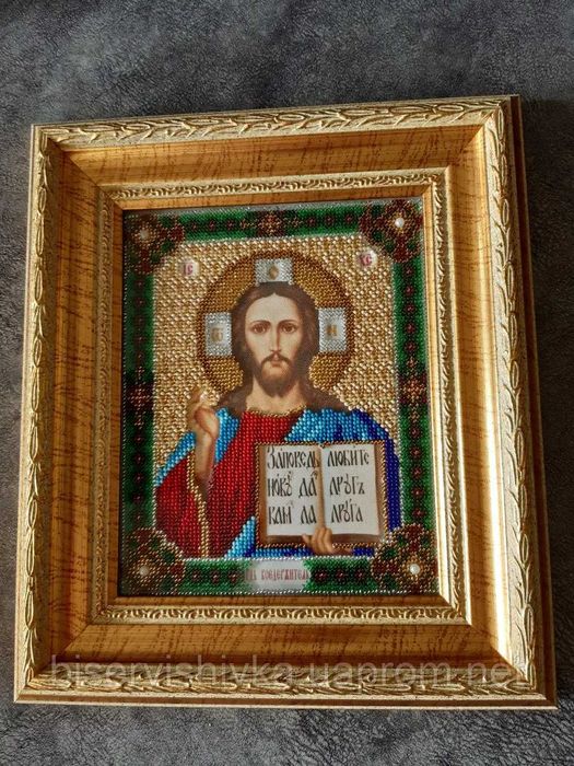 Икона Господь Вседержитель, вышитая бисером. Ручная работа.
