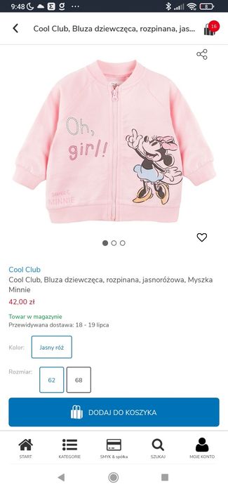 Rozsuwana różowa bluza Myszka Minnie, Cool Club/Smyk 68/74