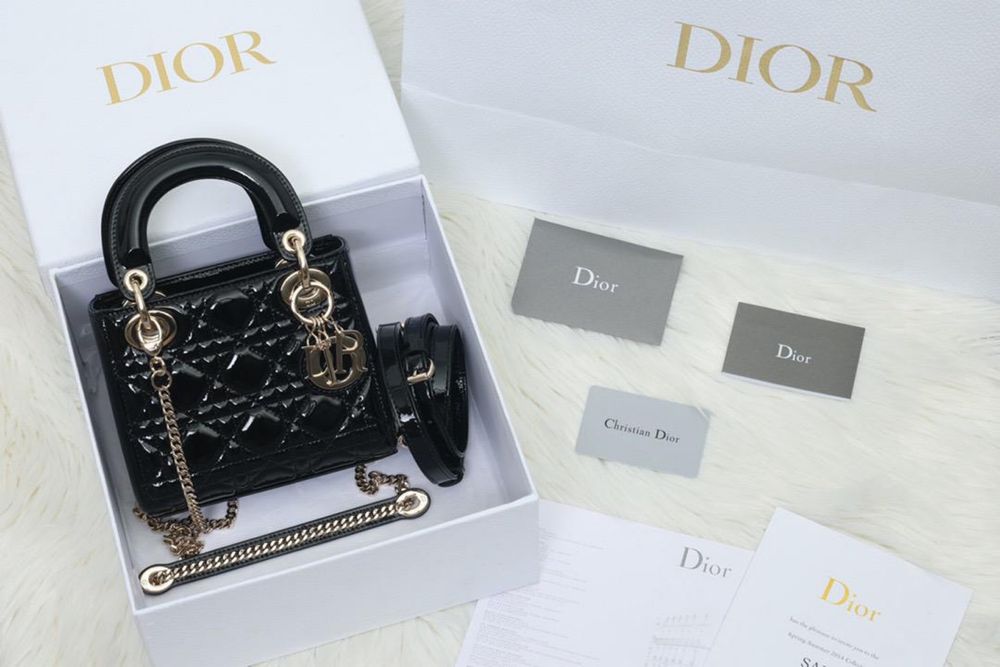 Christian Dior Lady Dior Mini Black Patent Leather – komplet, stan idealny
