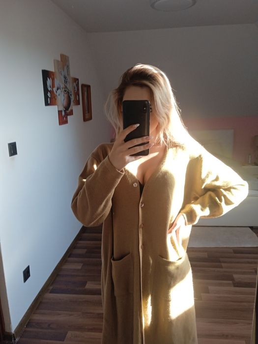 Sweter sweterek tunika narzutka długa M l xl dekolt v guziki jesień