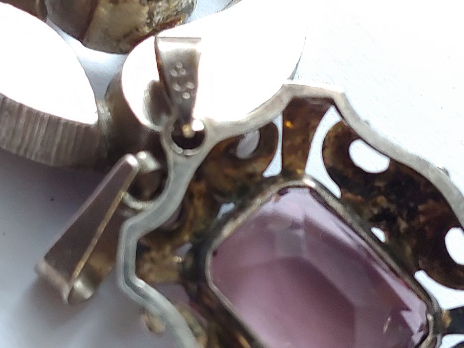 Stara srebrna zawieszka ametyst wisiorek medalik srebro rękodzieło