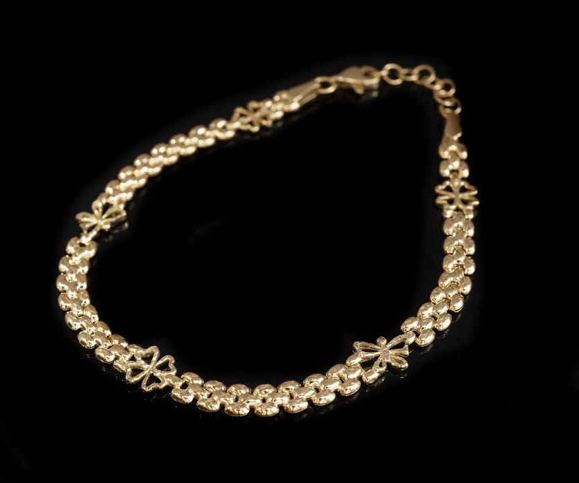 Złoto 585 - Złota bransoletka damska, koniczynki i motylki.