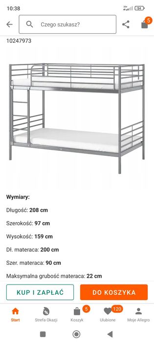 Łóżko piętrowe metalowe 90/200