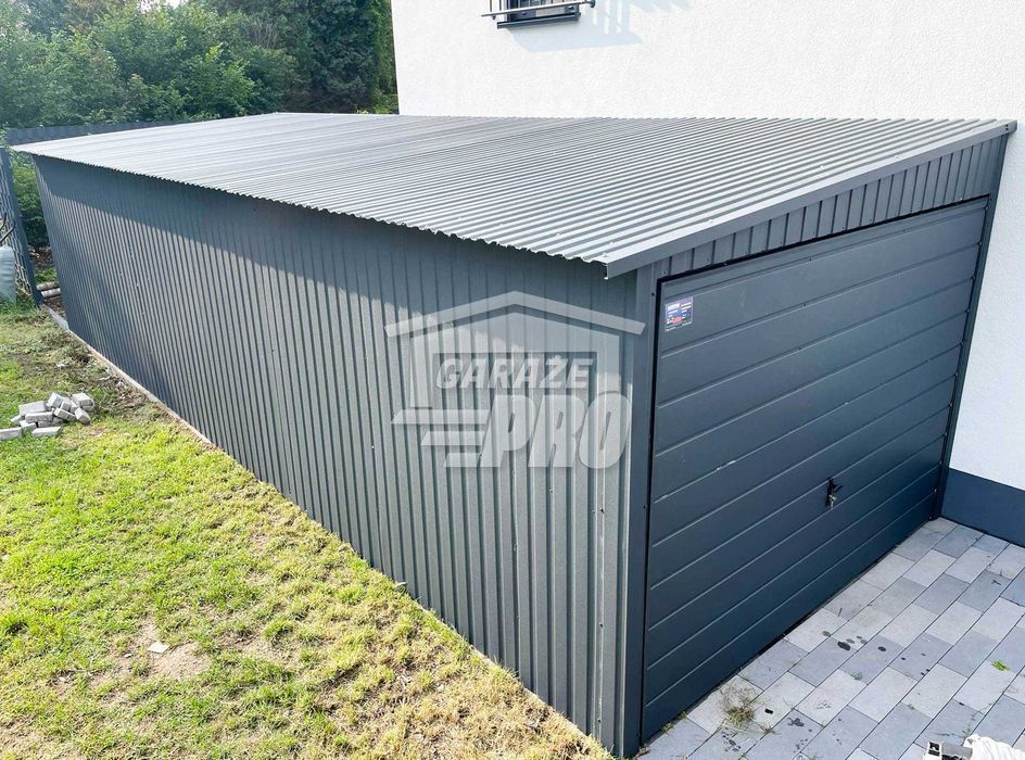 Garaż blaszany 3x9 2x Brama uchylna + antracyt  spad w bok GP191