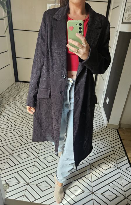 Vintage czarny płaszcz jesienny damski we wzór paisley L/XL