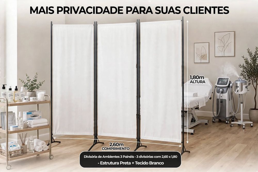 Divisória de ambientes com 3 painéis 260x180 cm tecido branco