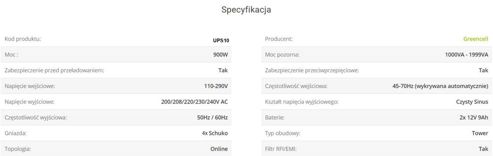 Ups Green Cell Zasilacz Awaryjny 1000VA 900W ONLINE