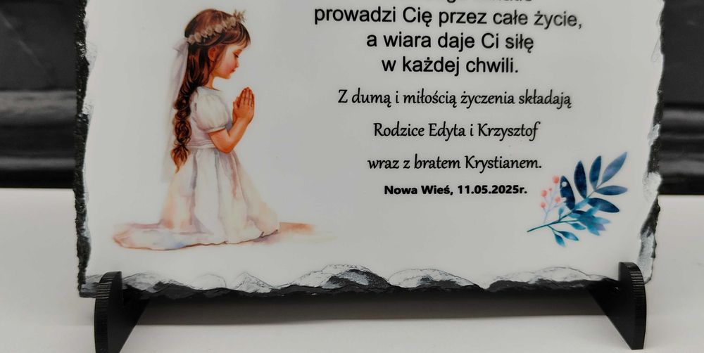 Ramka kamienna pamiątka Komunia Święta dow. tekst foto granit kamień