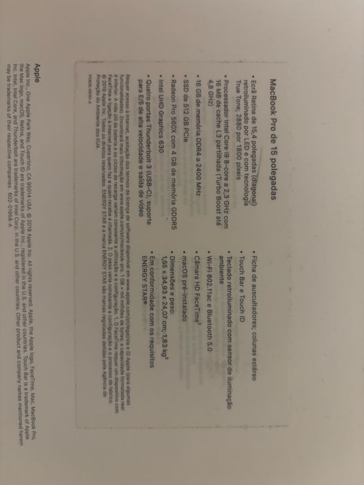 Macbook Pro 15,4” Retina Intel i9 16GB SSD 512 Radeon Pro 560X