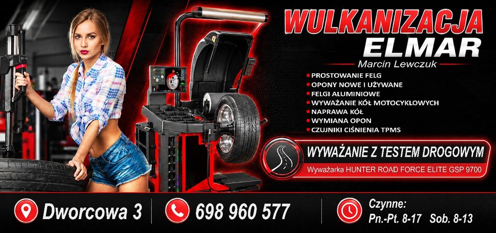 Wulkanizacja wymiana  opon prostowanie felg wyważenie kół Hunter z  testem drogowym ,Corghi  najnowszy  i najbardziej zaawansowany sprzęt na rynku!!