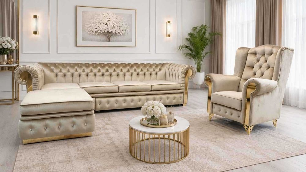 Zestaw Narożnik Chesterfield Gloss + Fotel Uszak
